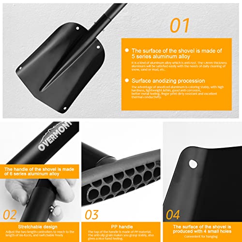 Overmont Collapsible Snow Shovel Aluminum - Lightweight Snow Utility with Ice Scraper and Carrying Bag Sizes 32 and 42 Inch