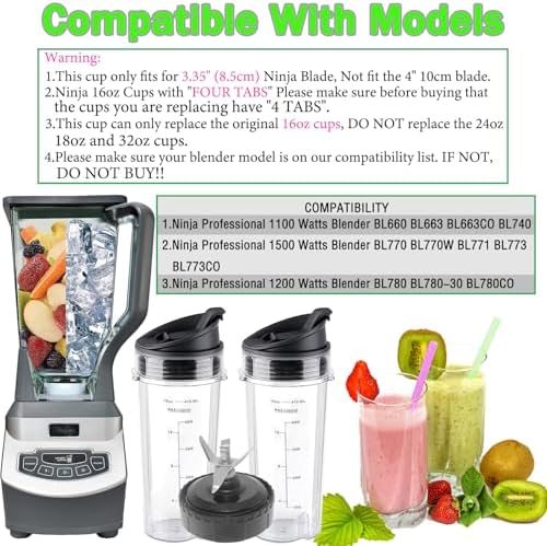 Ninja Blender Replacement Parts Compatible with BL770 BL660 BL663 BL663CO BL665Q BL740, 2 Pack Single Serve Ninja Blender 16oz Cups with Sip & Seal Lids &6 Fins Ninja Blender Blade Assembly