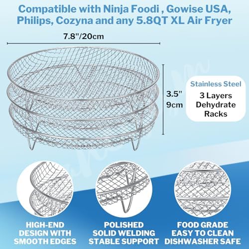 Air Fryer Accessories with 8pcs Foot Cover - 8" Square 3 Stackable Dehydrator Racks Fits 5.8 QT Air Fryer Racks for Cosori, Instant Vortex, Nuwave Air Fryer, Ninja Foodi Grill 304 Stainless Steel