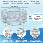 Air Fryer Accessories with 8pcs Foot Cover - 8" Square 3 Stackable Dehydrator Racks Fits 5.8 QT Air Fryer Racks for Cosori, Instant Vortex, Nuwave Air Fryer, Ninja Foodi Grill 304 Stainless Steel