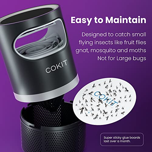 COKIT Indoor Insect Trap, Catch Insect with Suction, Bug Light and Sticky Glue, Catcher & Killer for Mosquito, Gnat, Moth, Fruit Flies, Non-Zapper Traps for Home (Adapter, Black+Grey)