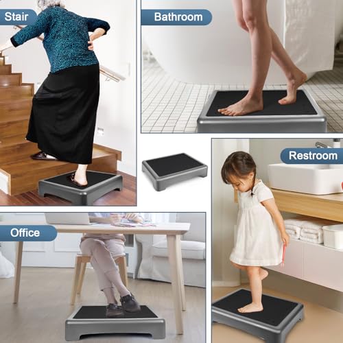 One Step Stool, Arjiekwei Heavy Duty Outdoor/Indoor Non-Slip Plastic Platform for Adults Elderly, Portable Low Safety Steps Stool for Medical, High Bed, Car, Cato Board, Stair, Bathroom(Gray-Black)
