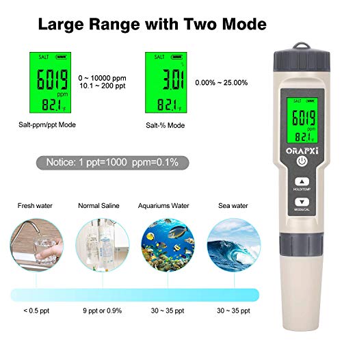 Digital Salinity Tester for Salt Water - Waterproof IP67 Salinity Meter with ATC Large Range 0-200ppt Saltwater Tester for Seawater, Aquariums, Marine Monitoring, and Koi Fish Pond by ORAPXI