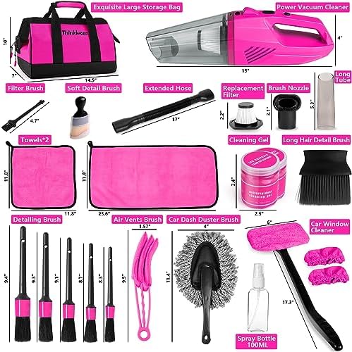 Car Vacuum Detailing Kit, Interior Car Cleaning Kit with High Power Handheld Vacuum and 7Pcs Detailing Brush Set, Well-Designed Women's Pink Car Accessories Bag