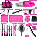 Car Vacuum Detailing Kit, Interior Car Cleaning Kit with High Power Handheld Vacuum and 7Pcs Detailing Brush Set, Well-Designed Women's Pink Car Accessories Bag