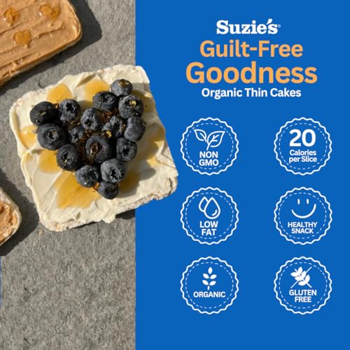 Suzie's Organic Brown Rice Cake Thins|6 Pack|Unsalted Sodium Free|USDA Organic, NON-GMO, Fat-Free, Sugar-Free, Gluten-Free|Low-Calorie Snack-17 Calories Per Slice|Bread & Cracker Replacement
