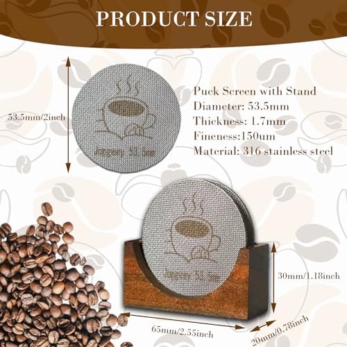 2 Packs 53.5mm Espresso Puck Screen with Stand, Reusable Coffee Filters Compatible with Breville Barista 54mm Portafilter Basket, 1.7mm Thickness 150μm 316 Stainless Steel Espresso Machine Accessories