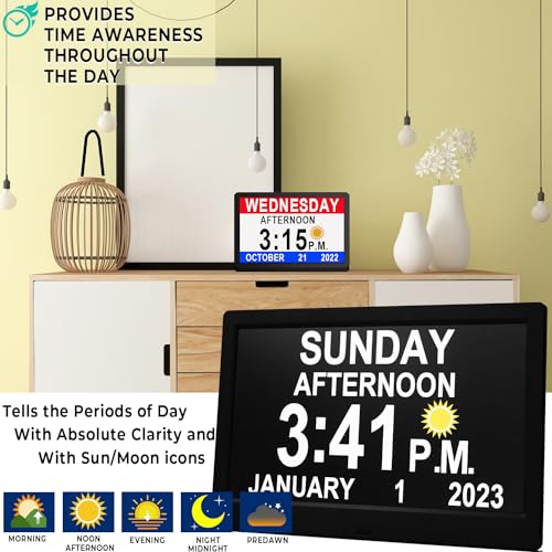 MAXCULUX 【Upgraded】 11.5" Large Digtal Clock with Day and Date for Seniors, Auto DST, 19 Alarms & Auto Dimmable, Non-Abbreviated Clock for Elderly Dementia Alzheimers
