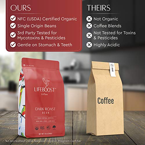 Lifeboost Coffee Dark Organic Coffee Beans - Dark Roast Low Acid Coffee Beans - Single Origin Non-GMO Organic Coffee - Third Party Tested For Mycotoxins & Pesticides - Whole Bean - 12 Ounces