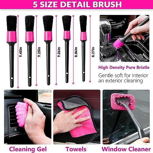 Car Vacuum Detailing Kit, Interior Car Cleaning Kit with High Power Handheld Vacuum and 7Pcs Detailing Brush Set, Well-Designed Women's Pink Car Accessories Bag