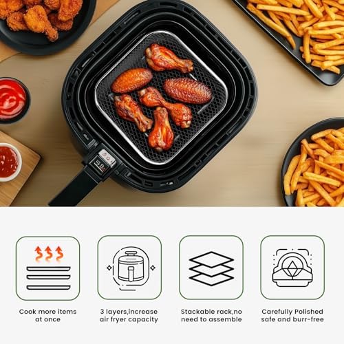 8 inch Square Air Fryer Rack, Set of 3, Stackable Multi-Layer Stainless Steel Dehydrator Rack, Square Airfryer Accessories for Cosori, Instant Vortex, Nuwave Air Fryer, Ninja Foodi Grill