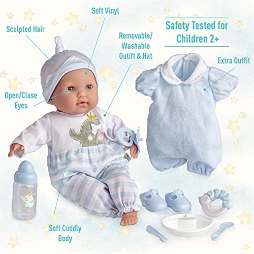 15" Realistic Soft Body Baby Doll with Open/Close Eyes | JC Toys - Berenguer Boutique | 10 Piece Gift Set with Bottle, Rattle, Pacifier & Accessories | Blue | Ages 2+