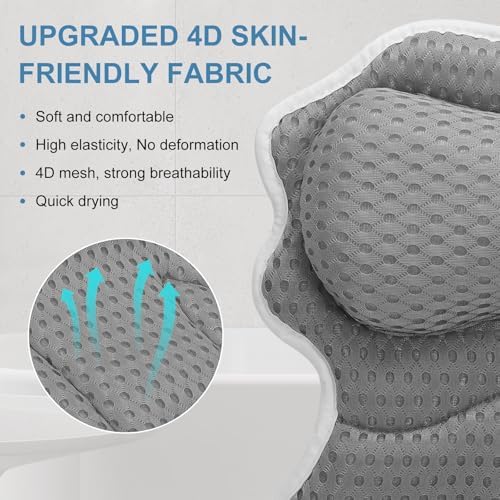 SetSail Bath Pillow, Relaxing Bath Pillows for Tub Neck and Back Support Soft 4D Breathable Air Mesh Ergonomic Bathtub Pillow with 6 Strong Suction Cups and Hook Luxury Bathroom Accessories,Grey