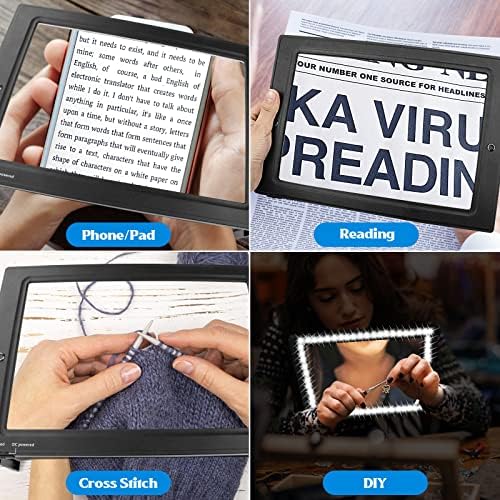 Magnifying Glass for Reading, 10"x 6" Large Lightweight Magnifier with 50 Bright LED Lights Provide Full Book Page Viewing Area Evenly Lit Perfect for Low Vision Person and Seniors Black
