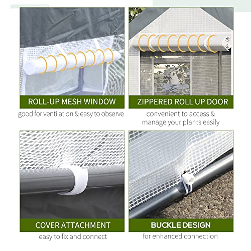 Outsunny 10' L x 7' W x 7' H Outdoor Walk-in Tunnel Greenhouse, Garden Warm Hot House with Roll Up Windows, Zippered Door, and Weather Cover, White/Dark Grey