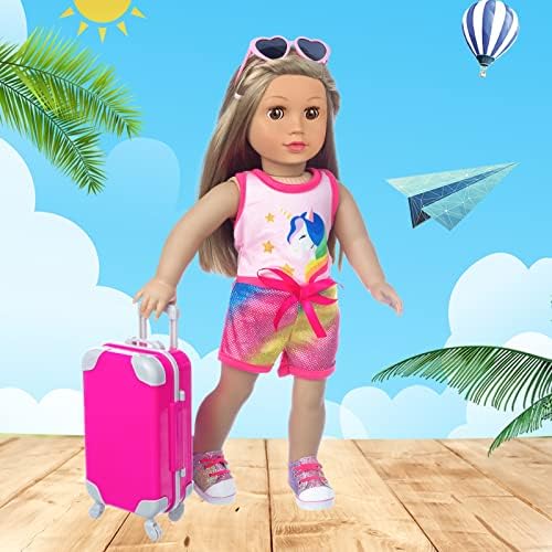 23 Pcs American 18 inch Doll Clothes and Accessories - Suitcase Luggage, Pillow, Sunglasses, Camera, Passport, Mobile Phone, Computer Doll Travel Gear Play Set