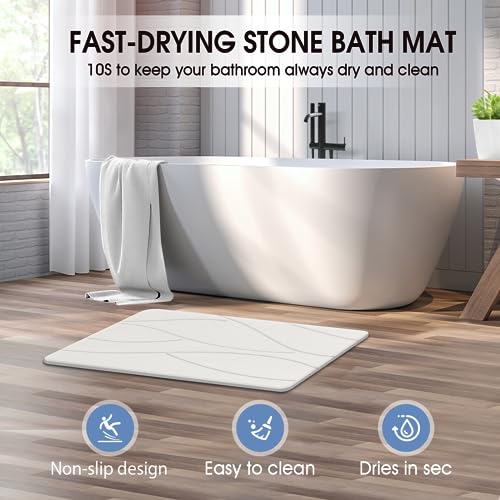 Veeloim Stone Bath Mat Diatomaceous Earth Bath Mat Non-Slip Super Absorbent Stone Bath Mats for Bathroom Quick Drying Diatomite Stone Shower Mat Large Natural Easy to Clean(23.6×15.4" White)