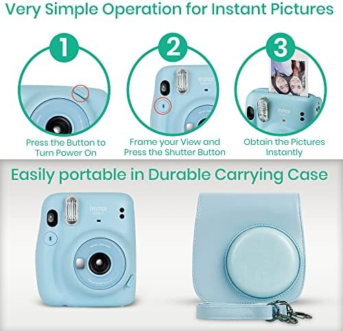 Fujifilm Instax Mini 11 Camera with Fujifilm Instant Mini Film (60 Sheets) Bundle with Deals Number One Accessories Including Carrying Case, Selfie Lens, Photo Album, Stickers (Sky Blue)