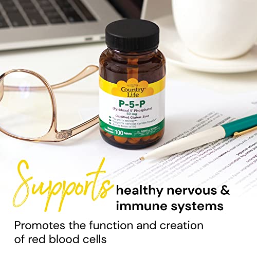 Country Life P5P Vitamin B6 (Pyridoxal Phosphate) 50mg, 100 Tablets, Certified Gluten Free, Certified Vegan, Verified Non-GMO Verified