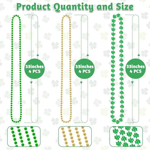 12 PCS St Patricks Day Necklace, Gold Green Beads Shamrocks Necklace, Plastic Shamrocks Bead Necklace Set, Irish Beer Decorations Supplies for St.Patricks Day Accessories Decorations Favors Bulk
