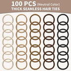 Hair Ties Black 100Count Extra Thick 5CM, Bulk Elastic Hair Bands for Thick Heavy Hair, Seamless Hair Accessories for Women, Girls, Ponytail Holder (Neutral Color)