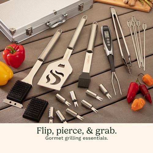 Cuisinart Deluxe Grill Tool Set, 20-Piece BBQ Kit with Aluminum Case and Digital Temperature Fork, Spatula, Tongs, Grill Accessories and Utensils, Grilling Set for Cookout