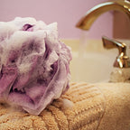Loofah-Bath-Sponge Lace-Mesh-Set >> 2-Scrubs-in-1 by Shower Bouquet: Large Full 60g Pouf (4 Pack Spa Colors) Body Luffa Loofa Loufa Puff - Exfoliate, Cleanse Skin with Luxurious Bathing Accessories