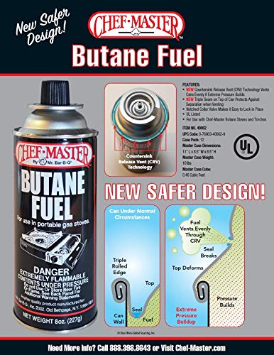 Chef Master 90340 | Pack of 4 Butane Fuel Cylinders| 8oz Butane Canisters for Portable Stove | Butane Torch Replacement Canisters
