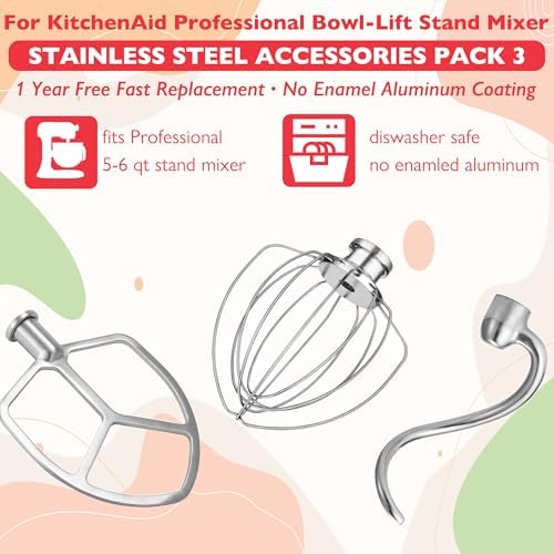 Stainless Steel Accessories for KitchenAid 5.5-6 Qt Bowl-Lift Stand Mixer, Includes 6 Wire Whisk, Beater, Dough Hook, Dishwasher Safe and Heavy Duty, fits for KP26, KL26, KB26, KSM55/60