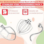 Stainless Steel Accessories for KitchenAid 5.5-6 Qt Bowl-Lift Stand Mixer, Includes 6 Wire Whisk, Beater, Dough Hook, Dishwasher Safe and Heavy Duty, fits for KP26, KL26, KB26, KSM55/60