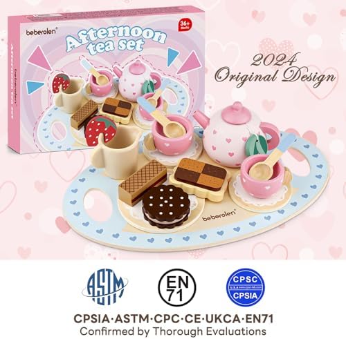 Wooden Tea Set for Little Girls Birthday Gift 2-4 Year Old Princess Toys Play Food Sets for Kids Kitchen Accessories Toddlers 3-5 Outdoor Party 1-3 Pretend Food Dessert Cookies Wood Toy