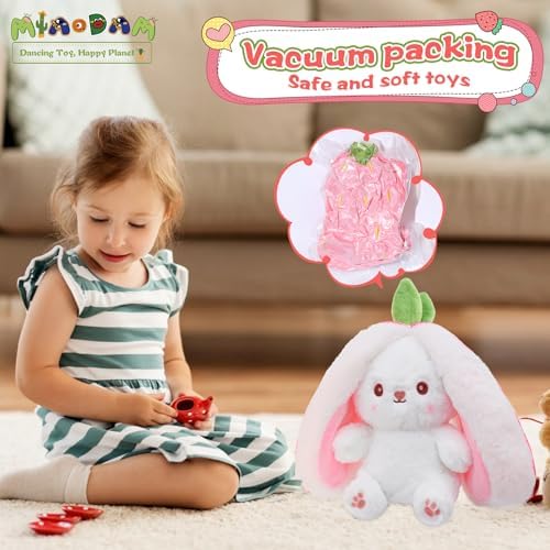 MIAODAM Bunny Stuffed Animal Reversible Cuddle Bunny Stuffed,Strawberry Bunny Transformed Rabbit Plush Zipper,Carrot That Turns Into Ears Bunnies Plushies Toy Cute Stuffy Doll Easter Girlfriend Gift