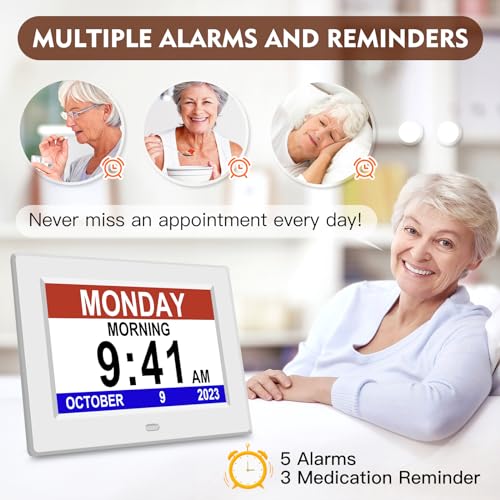 MRCHYDZ Clock with Day and Date for Elderly Large Display Digital Clock 5 Alarm 3 Medicine Reminders Dementia Clocks Digital Calendar Day Clocks Wall Clock Large Number Alarm Clocks 7 Inch White