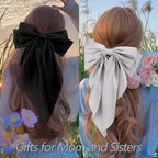 Velscrun Hair Bows for Women Girls 4Pcs White Silky Hair Bow Navy Blue Satin Large Coquette Bow Grey Big Hair Bows Clip Oversized Hair Ribbons Long Tail Black Bow Hair Barrettes Hair Accessories Gifts