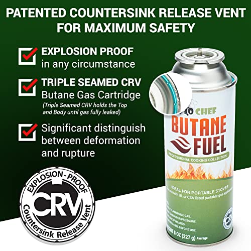 Jo Chef Butane Fuel Canister, 8 oz Butane Cylinder, Pure Refined Butane Gas for Camping Stove Or Use Directly with Brûlée Kitchen Blow Torch Head 4 Cans