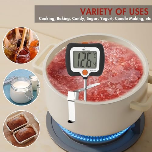 KT THERMO Digital Candy Thermometer, LCD Instant Read Food Meat Thermometer with 10" Probe and Pot Clip for Candy Making, Kitchen Accessories, Baking Tools（Black）