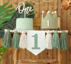 Wild One High Chair Banner For 1st Birthday Party Boy Decorations With Green Tassel Garland Crown Hat Cake Topper