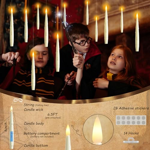 AFINETH Flameless Floating Candles with Wand, Magic Hanging Candles, Flickering Floating LED Candles, Ivory Battery Operated Electric Taper Candles for Halloween Christmas Birthday Theme Party, 12 PCS