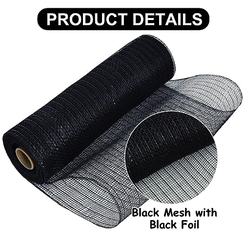 TONIFUL 2 Rolls 10 Inch Black Decorative Mesh Ribbbon Rolls, Fabric Mesh with Foil for Mesh Wreath Supplies, Front Door Wreath Crafts Tree Decor Christmas NewYears Halloween Decoration (10 yds/roll)