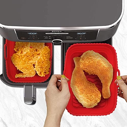 Daily Treasures 2 Pack Foldable Air Fryer Liners for Ninja Air Fryer Dual with 1Pack Oil Sprayer Dispenser, Ninja Air Fryer Accessories Reusable Air Fryer Silicone Liner for Ninja Dual Air Fryer(Red)