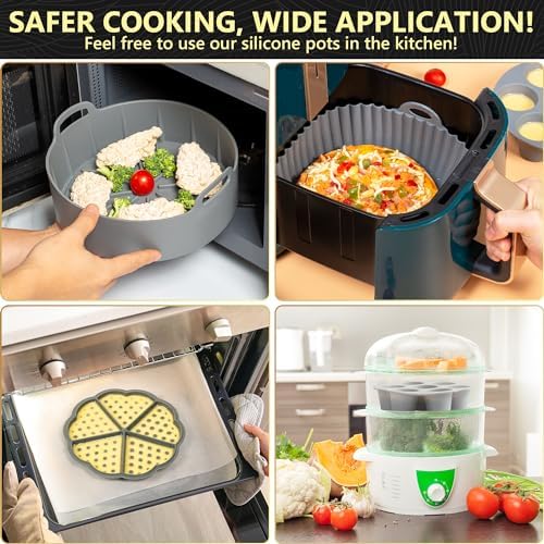"Silicone Air Fryer Liners Set of 5 – Reusable Air Fryer Accessories with Waffle & Egg Bite Mold, Oven Mitts – Non-Stick, Food-Grade, Heat-Resistant for 5-7 Qt Ninja, Cosori, Instant Pot"