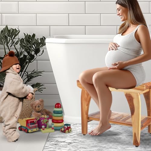 EcoDecors 24 Inch Tranquility Natural Color Waterproof Teak Wood Shower Bench Stool Seat Chair For Inside Shower Storage Shelf Provides Safety, Storage, and Organization For Bathroom Accessories
