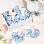 12 PCS Silk Satin Soft Blue Hair Accessories - Bridesmaid Proposal Favors with Hair Clips, Scrunchies, and Bridal Shower Gifts for Women and Girls