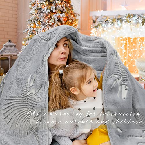Glow in The Dark Blanket Dinosaur Blanket for Boys Kids Soft Cute Dino Blanket Christmas Toys Gifts Gray Glowing Dinosaur Blanket for Bed 90x90 inch
