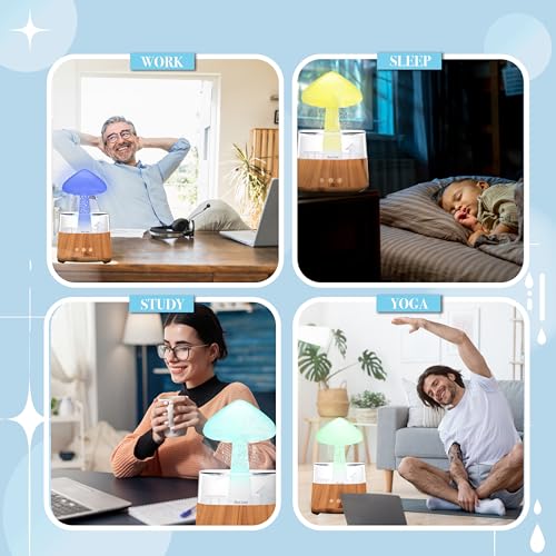 Rain Cloud Humidifier Water Drip Bluetooth Speaker, Mushroom Aromatherapy Essential Oils Diffuser with 7 LED Night Light-Gloomy Rainfall & Raindrops Relaxing Sound for deep Sleep in Bedroom (Wood)