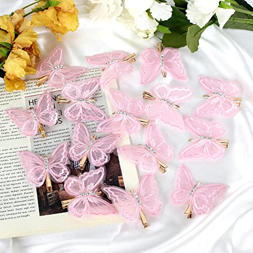 NAISIER Butterfly Hair Clips 15 Pieces 2.6 inch Lace Embroidery Flower Butterfly Hair Pins Hair Accessories for Halloween Cosplay Women Girls Hawaii Hair Clips.（Pink, 15 PCS)