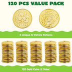 JOYIN 120 Pcs St. Patrick’s Day Gold Coins, Plastic Gold Coins Bulk with Shamrock, Leprechaun, Cauldron & Hat Patterns, St Patricks Accessories Games Gifts Decorations, Party Favors & Party Supplies