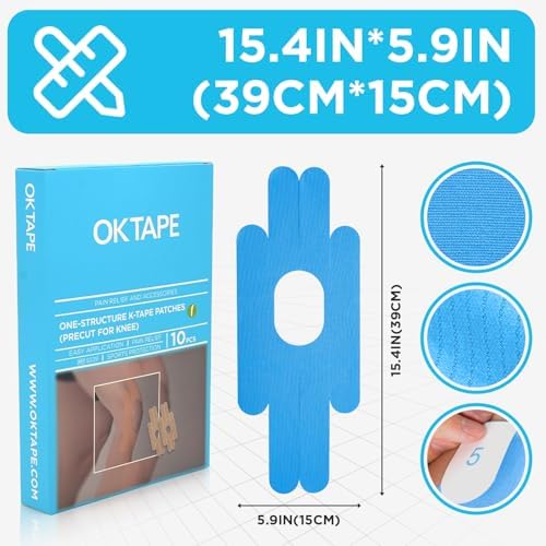 OK TAPE One-Structure K-Tape Patches | Precut for Knee Kinesiology Tape | Pain Relief and Accessories | 10 Pcs and Blue