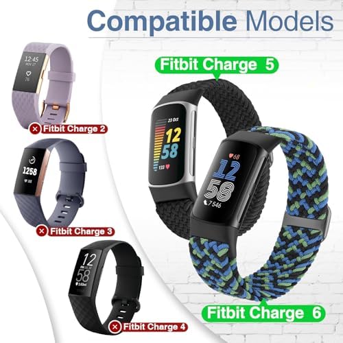Braided Watch Bands Compatible with Fitbit Charge 6/Fitbit Charge 5 for Women Men, Elastic Adjustable Solo Loop Stretchy Nylon Woven Replacement Wristbands for Fitbit Charge 6/Fitbit Charge 5