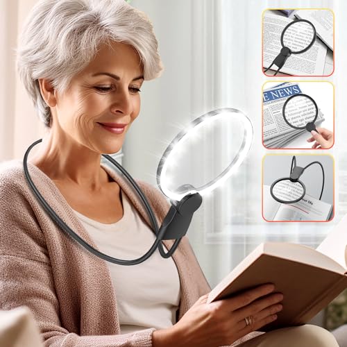 IMICHI Magnifying Glass with Light, 5.1 Inch 6X Magnifying glass for reading with Stand, Neck-Worn Large Magnifier for Seniors, Perfect for Reading Books, Sewing, and Cross-Stitching